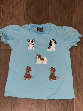 Emma Jean Girls Top | Size 8 | Blue Sequin Dog Shirt | Ruffle Sleeves